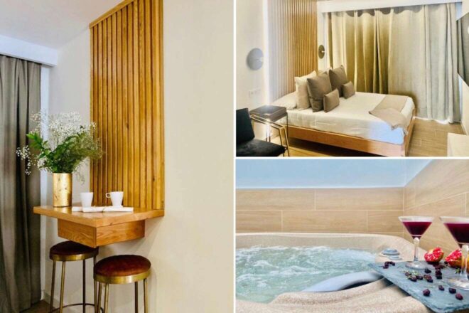 A collage of three hotel photos to stay in Lanzarote: a modern room with a stylish wood-paneled wall and small dining nook, a relaxing in-room hot tub setup with a beach view, and a charming bedroom with nature-inspired bedding.