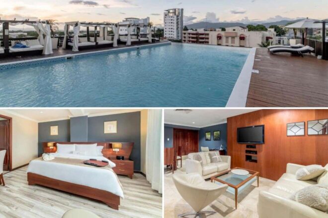 A collage of three hotel photos to stay in the Dominican Republic: an expansive rooftop pool with cabana beds and panoramic views, a spacious bedroom with warm tones and a sitting area, and a living room with contemporary furniture and a flat-screen TV.