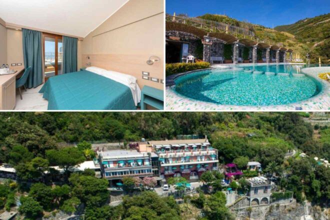 A collage of three hotel photos to stay in Cinque Terre: a standard bedroom with teal bedding and balcony access, a circular pool surrounded by loungers and lush vegetation, and an aerial view of a multi-storied hotel nestled in a green hillside.