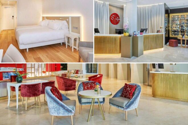 A collage of three hotel photos highlighting contemporary design and comfort: a simple yet elegant bedroom with hardwood floors, a chic reception area with golden tones and modern art, and a vibrant lounge with eclectic furniture and ample seating
