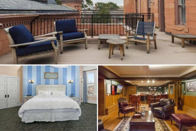 A collage of three hotel photos to stay in Denver: A serene balcony with wooden lounge chairs, a charming blue-striped bedroom with a welcoming 'Bienvenue' sign, and a classic styled den with leather furniture