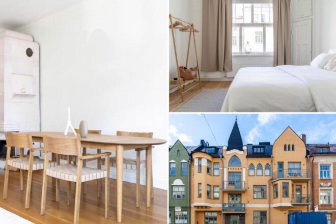 A collage of three hotel photos to stay in Helsinki, featuring a minimalist dining area with simple wooden furniture, a bright bedroom with natural light, and a picturesque exterior view of colorful buildings with unique architecture.