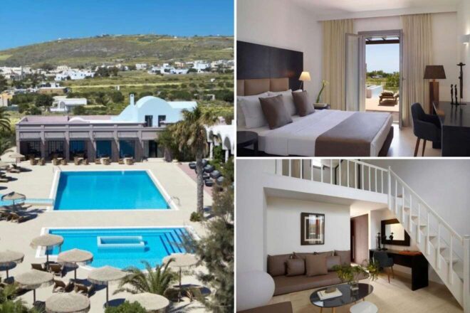 A collage of three hotel photos to stay in Santorini: the inviting Santorini 9 Muses Resort with a large central pool, a cozy bedroom with balcony access, and a sophisticated lounge area with a two-level design and stylish furnishings