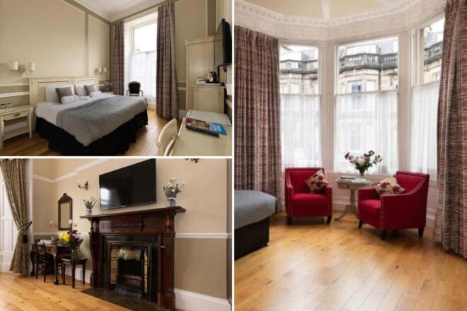 A collage of three hotel photos to stay in Edinburgh: a serene bedroom with soft grey bedding and wooden furnishings, a quaint sitting area with red chairs and a circular table, and a classic dining space with a dark wooden mantelpiece and TV.