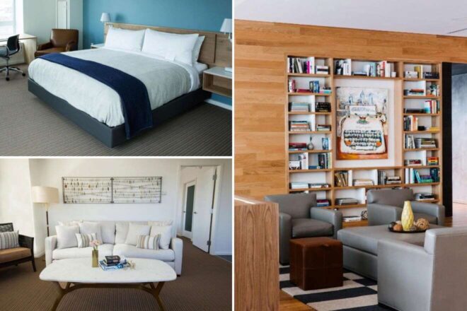 A collage of three hotel photos to stay in Philadelphia: A modern hotel room with neutral tones and clean lines, a living room setup with plush white sofas and elegant decor, and a well-stocked wooden bookshelf against a wall mural of the cityscape.