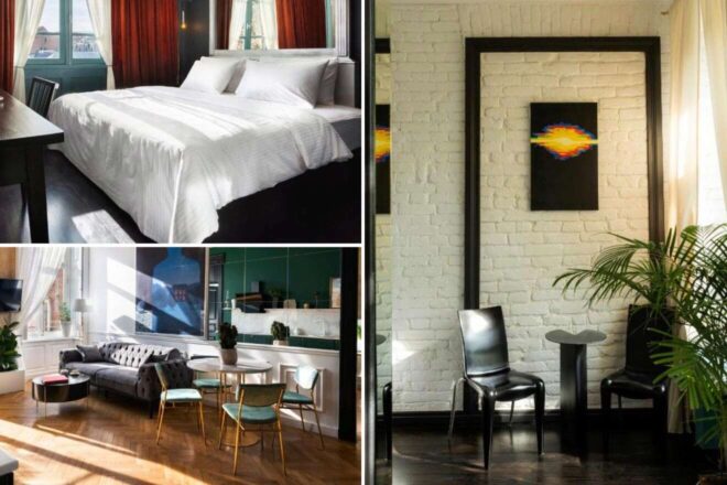 A collage of three hotel photos to stay in Tbilisi: a snug bedroom with white linens and dark wood at Unfound Door Hotel, a modern apartment with a green kitchenette and velvet sofa, and a simplistic black chair set against a white brick wall interior.