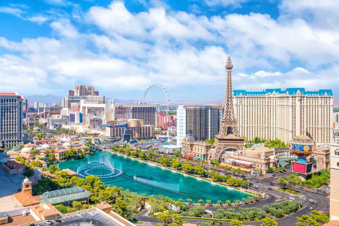 Bustling Las Vegas Strip scene with the Paris Hotel's Eiffel Tower replica and the High Roller observation wheel under a clear blue sky