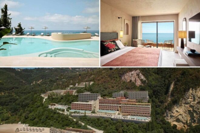 Colagem mostrando uma piscina com vista para o oceano, um quarto de hotel moderno com varanda de frente para o mar e uma vista aérea de um grande resort à beira-mar situado em uma costa rochosa e verdejante.