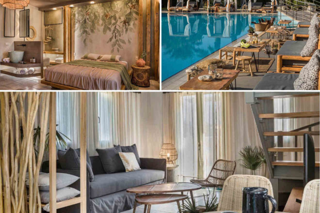 Collage of Avithos-Resort: cozy bedroom, poolside dining area, stylish living room, and a serene lounge with natural light.