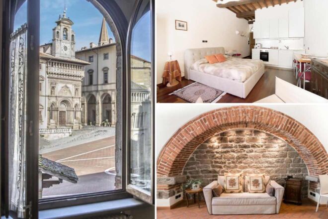 A collage of three images of a hotel to stay in Arezzo:  a view from a window featuring an ornate historical building, a modern studio apartment with an open kitchen and comfortable bedding, and a rustic sitting area under a brick arch, blending old-world architecture with contemporary comforts