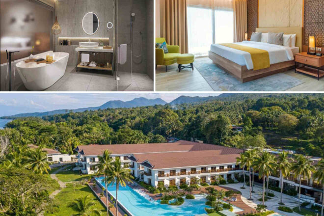 Collage of a Nouveau-Resort: top left shows a modern bathroom, top right a stylish bedroom, and bottom features an aerial view of the resort with a pool and lush greenery.