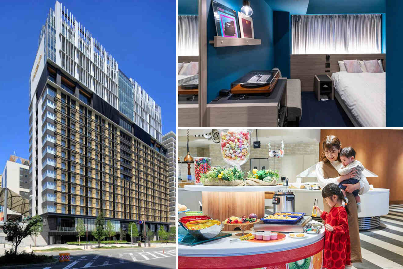 Collage of hotels in Osaka-Bay area: an interior hotel room view with a bed and desk, a buffet spread of various dishes, and a mother with her child selecting food, and exterior of the hotel