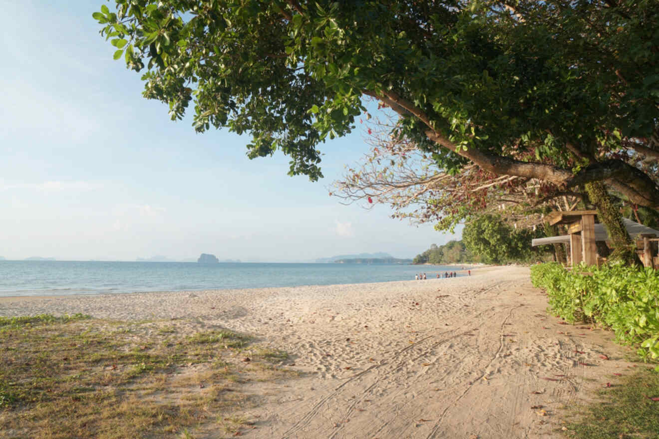 Serene Tubkaek Beach in Krabi with expansive sandy shores, lush greenery, and a clear view of distant islands, perfect for couples