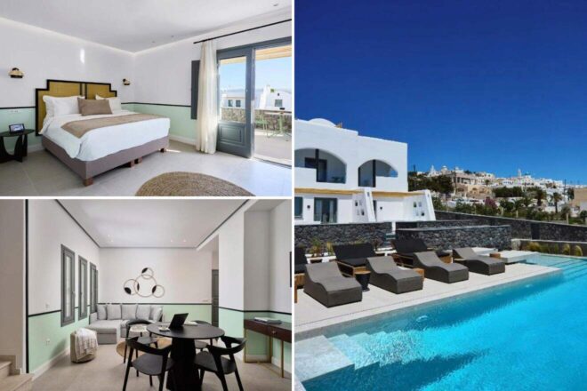 collage of three hotel photos to stay in Santorini: Alleys All-Suite Boutique's family-friendly spaces with modern design, a plush bedroom with soft lighting and earthy tones, and an inviting outdoor pool area with lounge chairs and umbrellas
