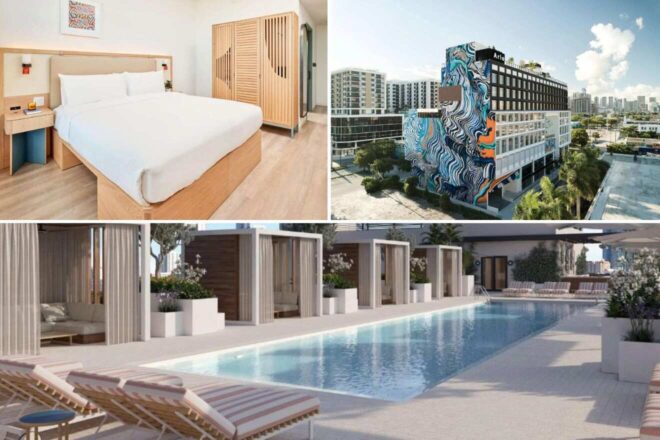 A collage of three hotel photos to stay in Miami: a stylish, modern bedroom with wooden elements and soft lighting, a serene poolside retreat with private cabanas, and a unique hotel exterior painted with vibrant, wave-like murals.