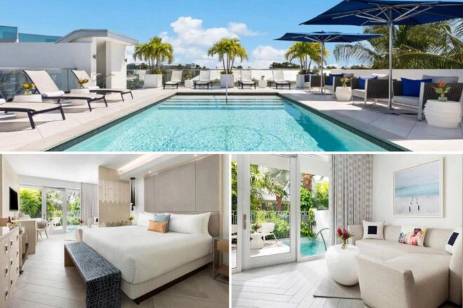 A collage of three hotel photos to stay in Key West: an elegant rooftop pool with chic loungers and tropical palms, a sophisticated bedroom opening to lush gardens, and a minimalist living room with sleek furnishings and ocean-themed artwork.
