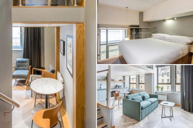A collage of three hotel photos to stay in Edinburgh: a modern duplex with an upper-level bedroom, a chic dining area with a marble table and wooden chairs, and a comfortable living space with a light blue sofa and minimalist decor.
