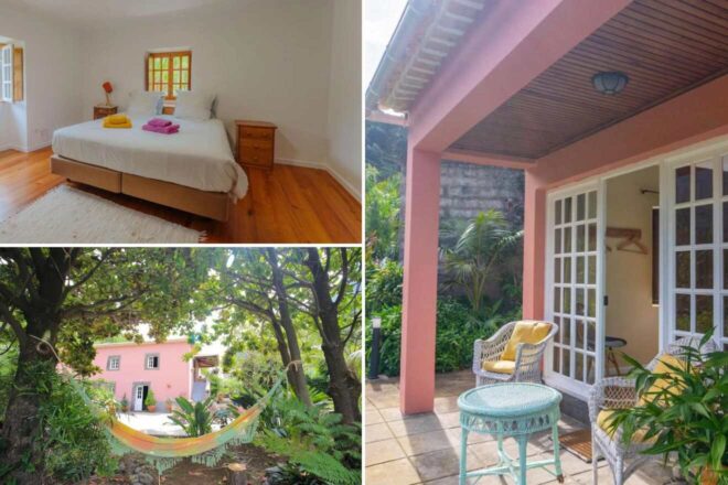 A collage of three hotel photos to stay in Madeira: a minimalist bedroom with a hardwood floor, a tranquil patio with a hammock surrounded by tropical flora, and a rooftop terrace with loungers and an ocean panorama.