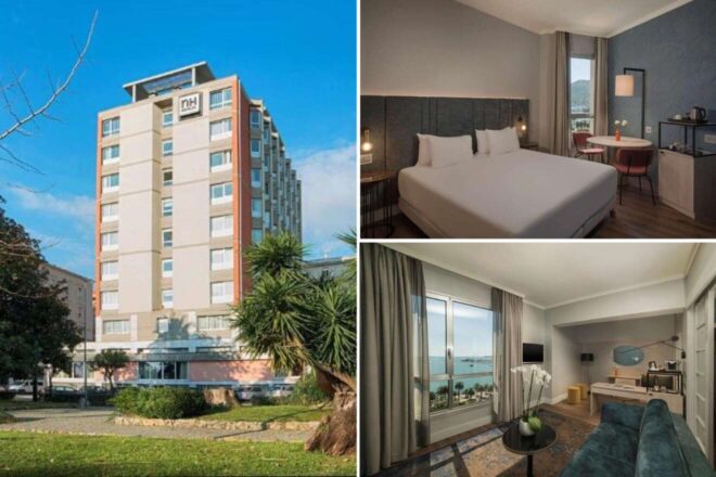 A collage of three hotel photos to stay in Cinque Terre: the NH La Spezia hotel's tall modern structure from the outside, a luxurious and spacious bedroom with sea views, and a plush living area with large windows offering a panoramic view of the waterfront.