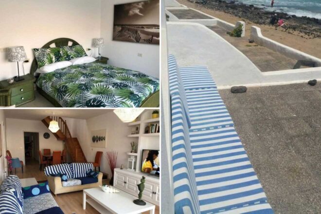 A collage of three hotel photos to stay in Lanzarote: a beach-themed bedroom with palm tree decor, a spacious living room with a blue and white nautical motif, and a stunning beachfront view from a striped sunbed.