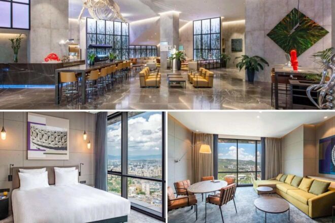 A collage of three hotel photos to stay in Tbilisi: the sleek interior of Pullman Tbilisi Axis Towers with a marble bar and unique lighting fixtures, a minimalist bedroom with framed artwork and city views, and a stylish living space with a mustard-yellow sofa set and round tables.