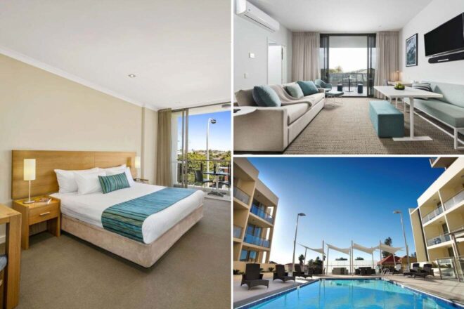 A collage of three hotel photos to stay in Perth: a bright and airy hotel room with balcony views, a spacious living area with a contemporary sofa and dining set, and a tranquil hotel pool with sun loungers under a clear blue sky.
