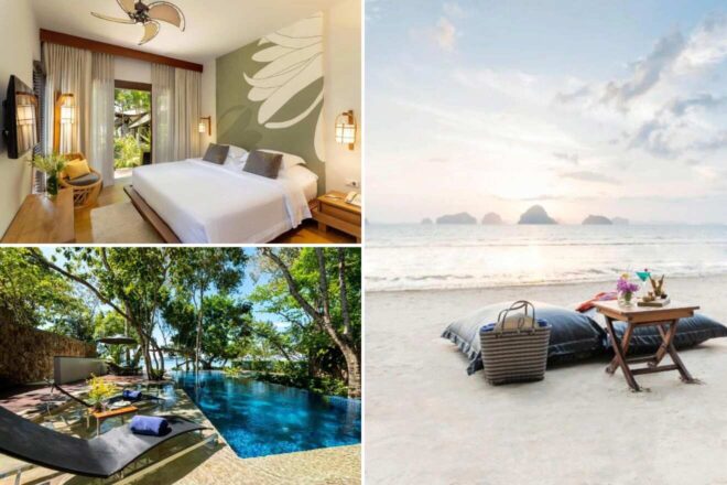 A collage of three hotel photos to stay in Krabi: an elegant bedroom with a large botanical wall art and direct access to a tropical outdoor area, an inviting beach picnic setup on white sand with a backdrop of distant islands, and a peaceful pool area surrounded by tall trees and a clear view of the sky