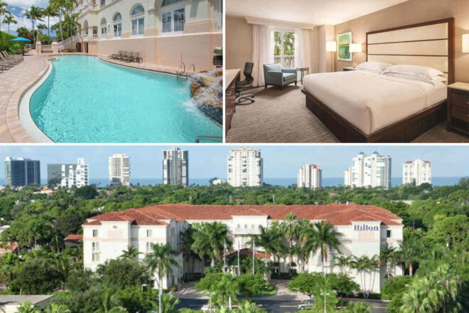Collage showcasing Hilton Naples amenities: a curved outdoor pool, a serene bedroom with a view, and the hotel's classic exterior, set against a backdrop of Naples’ skyline