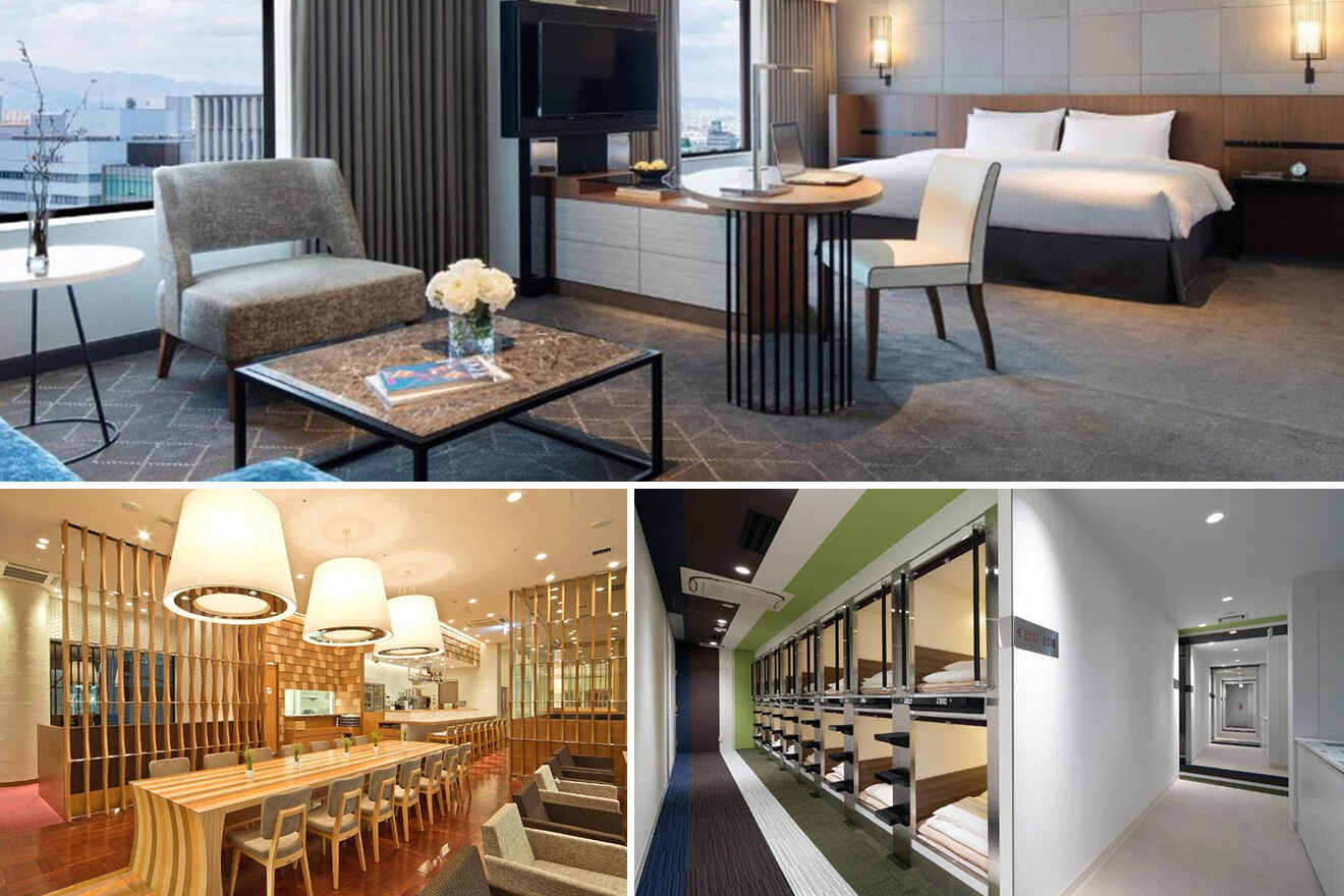 Collage of hotel interior in Shin-Osaka area: an upscale bedroom, a modern dining area, and a compact hostel-style shared room.