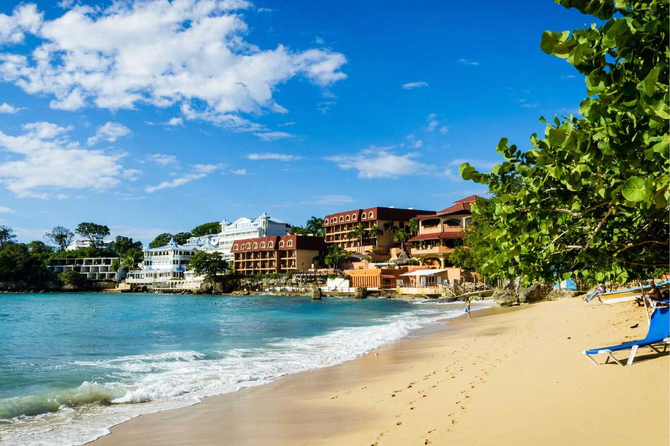 A beachfront view of Sosua with resorts lining the shore and lush tropical trees.