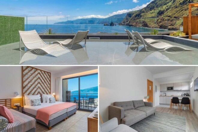 A collage of three hotel photos to stay in Madeira: a stylish bedroom with unique headboard designs, a rooftop terrace with white loungers overlooking the sea, and a cozy living space adjacent to a sleek kitchen.