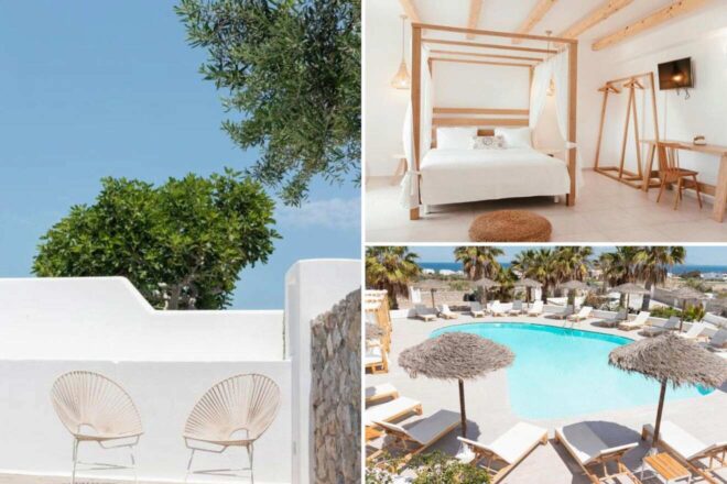 A collage of three hotel photos to stay in Santorini: Casa Vitae Suites featuring a minimalist bedroom with a four-poster bed, a balcony with two wicker chairs, and a pool area