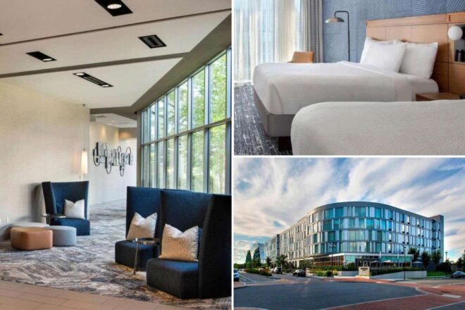 A collage of three hotel photos to stay in Philadelphia: A hotel lobby with contemporary art and glass walls allowing natural light, twin beds in a room with soft gray tones and minimalist decor, and the sleek exterior of a modern hotel building with curved design.