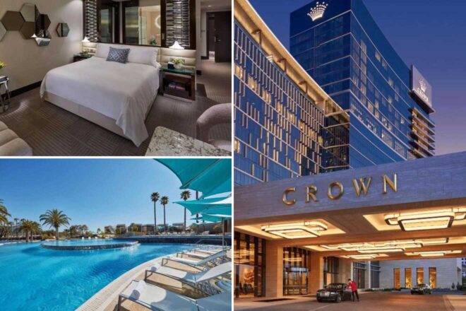 A collage of three hotel photos to stay in Perth: a luxurious hotel room with sophisticated decor, a sprawling outdoor pool surrounded by palm trees, and the elegant entrance of the Crown Towers Perth with its distinctive signage illuminated at twilight.