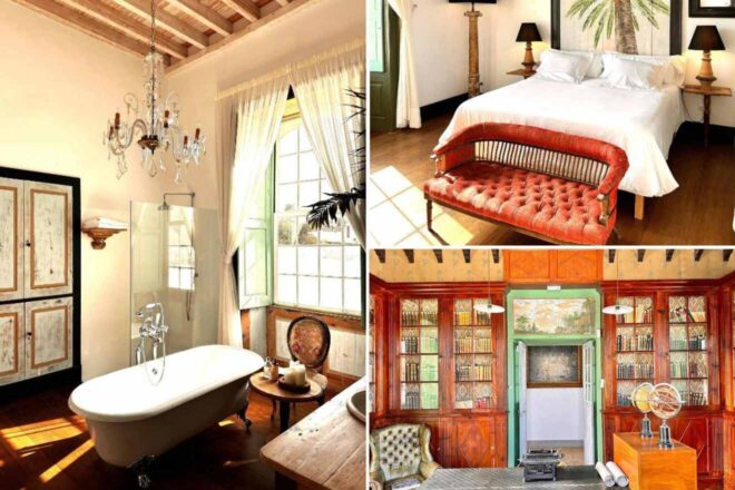 A collage of three hotel photos to stay in Lanzarote: an elegant bathroom with a vintage freestanding tub and crystal chandelier, a distinctive red settee at the foot of a clean white bed, and a classic wood-paneled library with a rich collection of books.