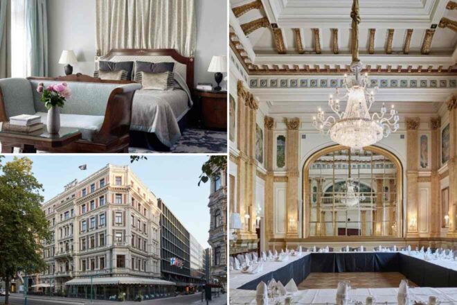 A collage of three hotel photos to stay in Helsinki, highlighting the historic charm with a plush bedroom featuring a tufted headboard, an opulent meeting hall with a grand chandelier, and the hotel's elegant exterior and grand entrance.