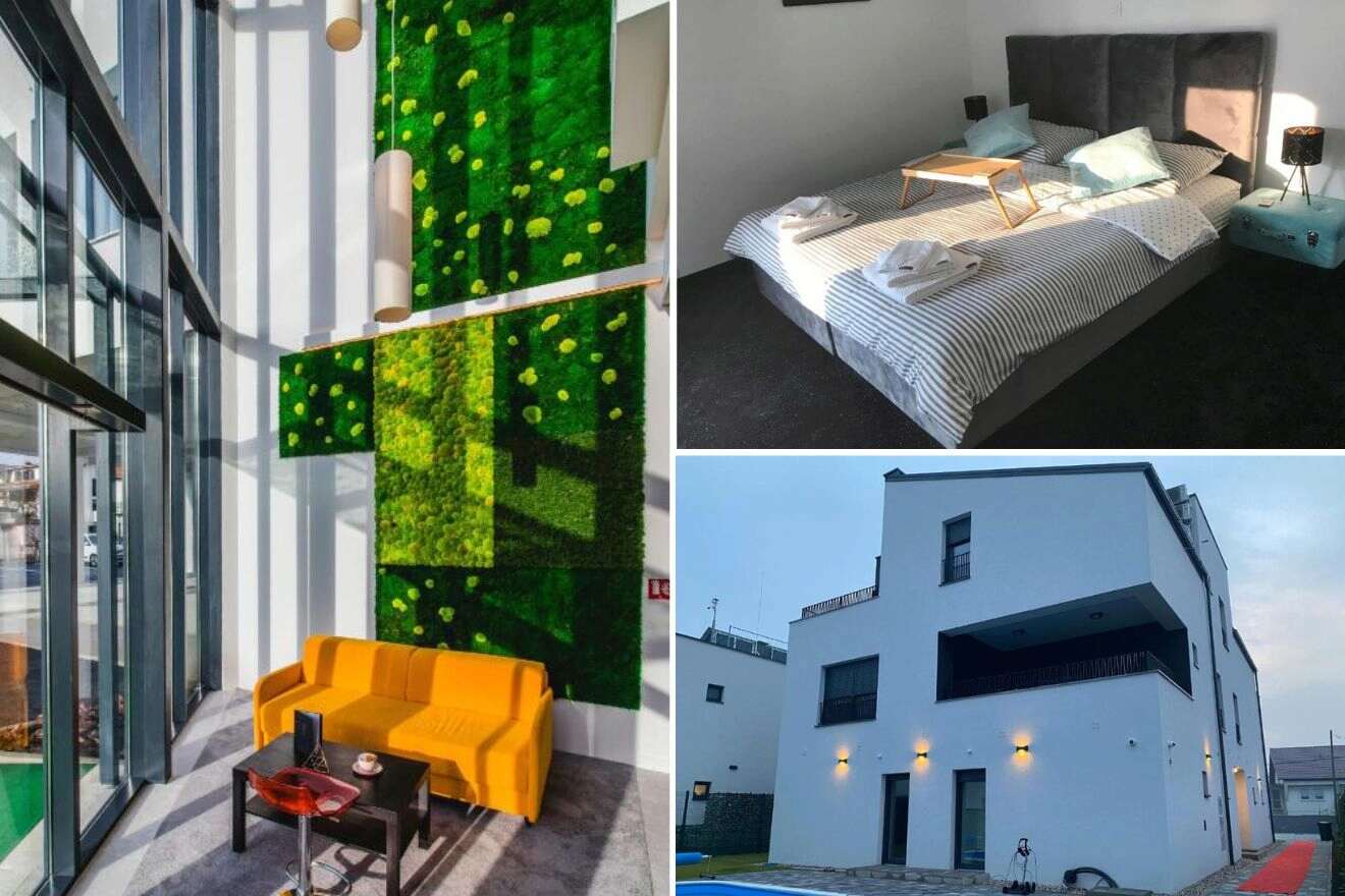 A collage of three images of hotels to stay near Zagreb Airport (ZAG): a vibrant hotel lobby with a green moss wall and yellow sofa, a bedroom with striped bedding and a dark headboard, and a view of a hotel with a minimalist white facade and evening lighting