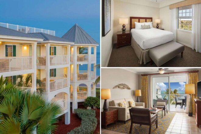 A collage of three hotel photos to stay in Key West: a multi-story beachfront property with classic Southern architecture, a comfy bedroom with neutral tones and a hint of nautical flair, and a living space with large glass doors revealing a breathtaking ocean view.