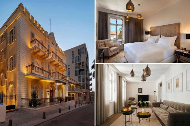 A collage of three photos presenting luxurious stays in Tel Aviv: the inviting facade of The Drisco Hotel lit up at dusk, a refined bedroom with decorative lighting and artwork, and a spacious living room with stylish furnishings and natural light.