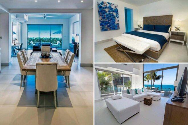 A collage of three hotel photos to stay in the Dominican Republic: a dining area with sleek furniture and tropical vistas, a bedroom with a bold blue accent wall and abstract art, and an airy living room with floor-to-ceiling windows overlooking the sea.