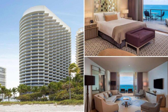 A collage of three hotel photos to stay in Miami: an imposing curved hotel building set against a backdrop of tropical greenery and beach, a bedroom with elegant beige tones and a seaside balcony, and a luxurious living area with sweeping views of the ocean.