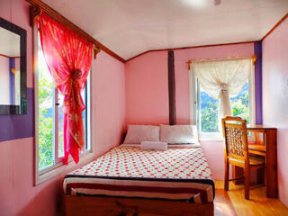 A cozy bedroom with a single bed, red patterned bedding, pink walls, and a wooden desk by a window showing a lush green landscape.