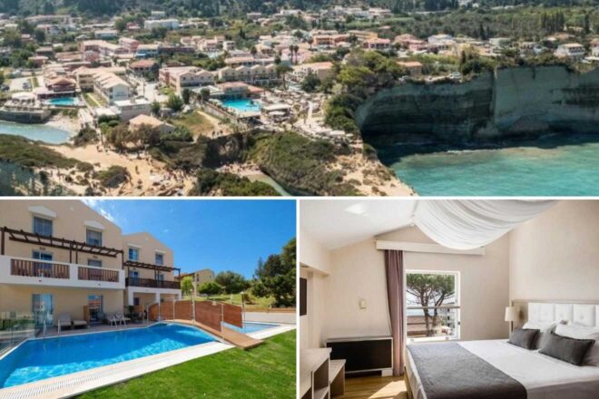 Colagem mostrando uma vista aérea de uma cidade costeira, a piscina de um hotel com gramado e um quarto de hotel moderno com uma cama grande e varanda.