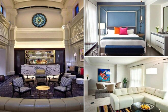 A collage of three hotel photos to stay in Miami: an elegant hotel bar with a marble counter and comfortable seating under a classic stained-glass window, a sophisticated bedroom with bold blue hues and vibrant pillows, and a modern living space with a white sectional sofa and colorful art adding a pop of personality.