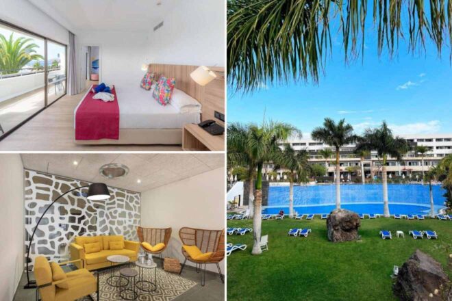 A collage of three hotel photos to stay in Lanzarote: a sunlit room with simple decor and balcony overlooking lush palms, a retro-inspired sitting area with bold yellow couches, and a tranquil hotel pool surrounded by greenery and lounge chairs.
