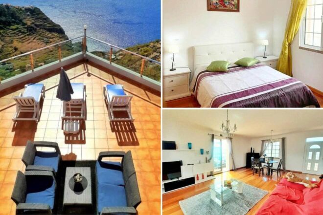 A collage of three hotel photos to stay in Madeira: a spacious terrace with sunbeds and a stunning sea view, an elegant bedroom with plush bedding, and a light-filled living room with modern amenities.