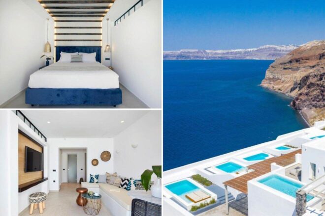 A collage of three hotel photos to stay in Santorini: a minimalist bedroom with a striking blue bed frame and wood accents, a view of the serene blue waters from the cliffside, and a rooftop pool with white architecture surrounding the sparkling water.