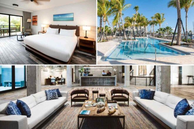 A collage of three hotel photos to stay in Key West: a spacious bedroom with dark wood floors and a large bed, a tropical poolside lounge area under the sway of palm trees, and a modern hotel lobby with sleek white sofas and marine blue pillows.