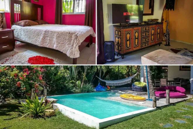 A collage of three hotel photos to stay in the Dominican Republic: a vibrant bedroom with a bold color palette, a garden with a private pool and colorful seating, and a cozy living space with a traditional cabinet and TV.