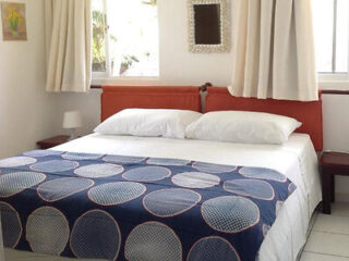 A simple, neat bedroom with a patterned blue coverlet, white pillows, and terracotta headboard.